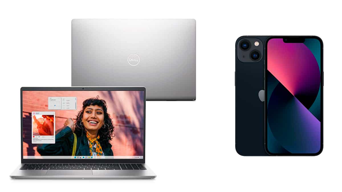 Montagem de notebook Dell e iPhone 13 em promoção para Black Friday