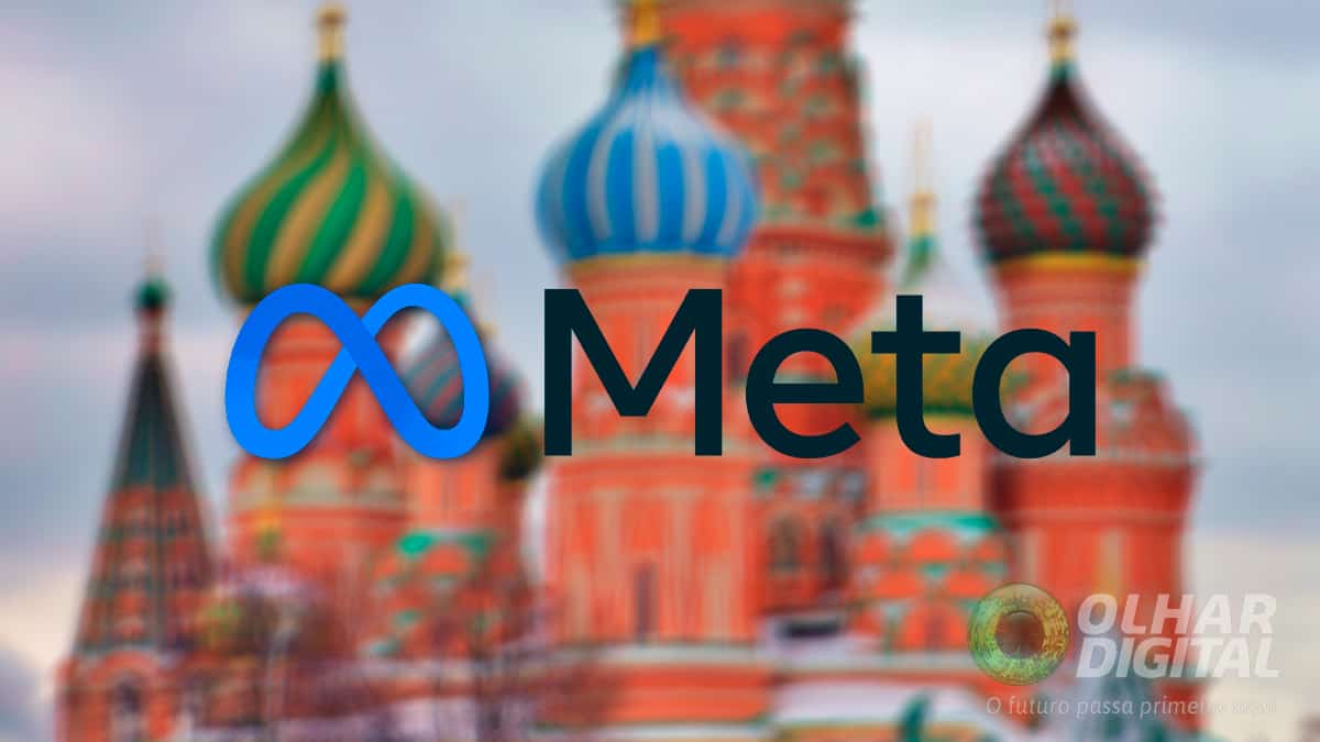 Montagem com logotipo da Meta na frente de castelo vermelho de Moscou