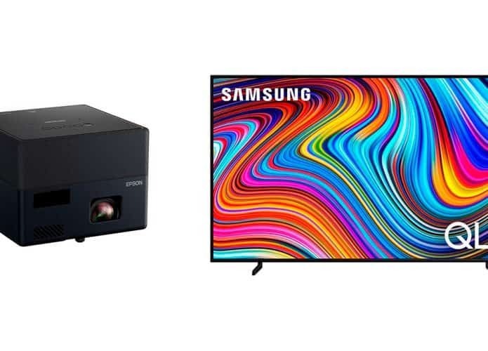 Montagem com projetor e TV em promoção que são bons para montar cinema em casa