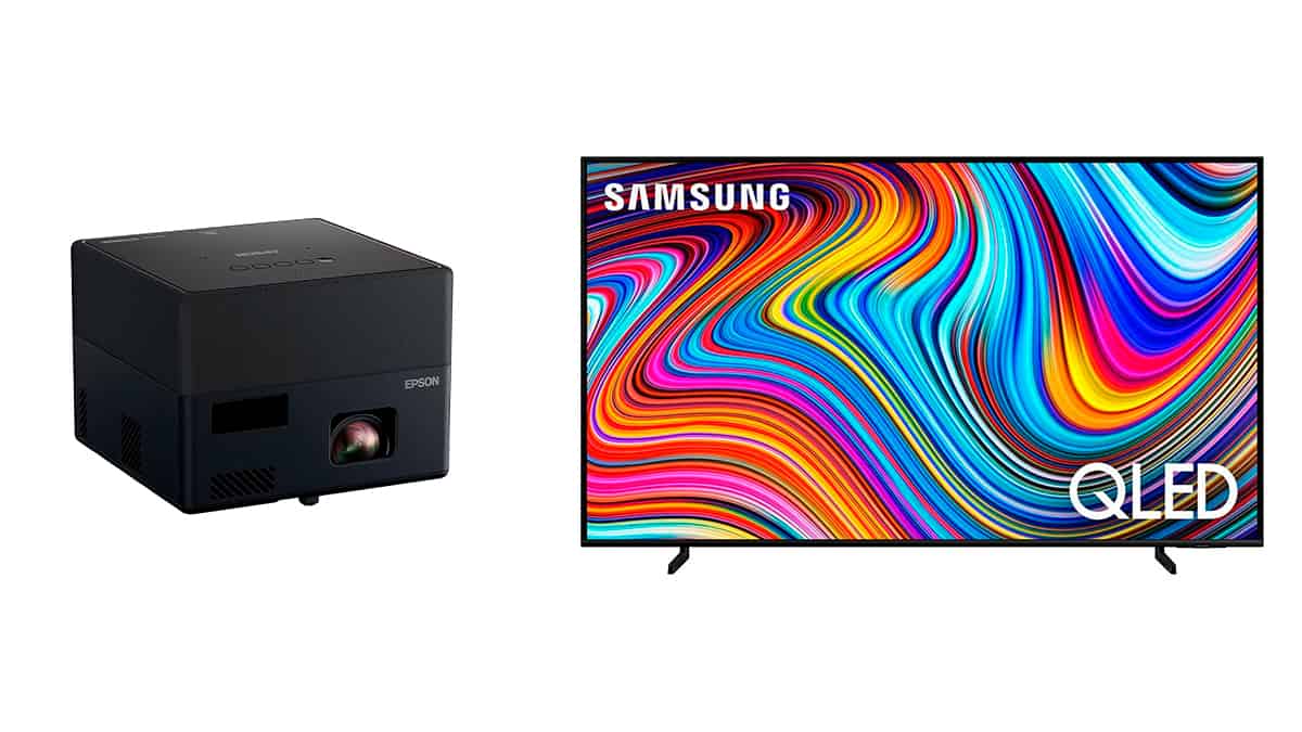 Montagem com projetor e TV em promoção que são bons para montar cinema em casa