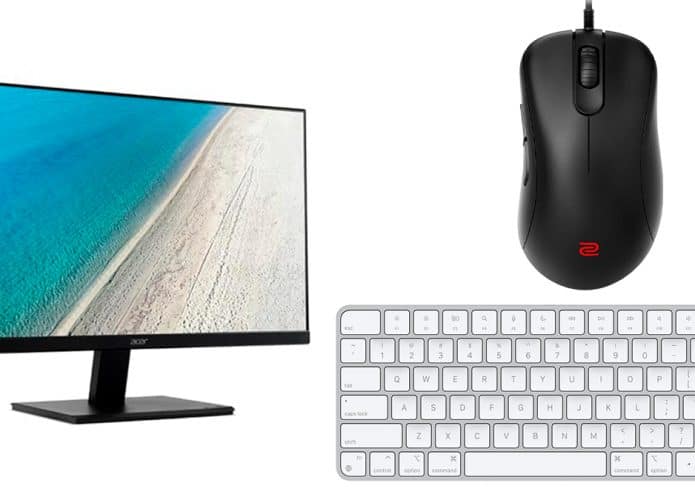 Montagem de monitor, mouse e teclado em oferta para home office