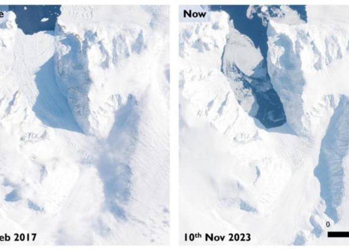 Geleira Cadman antes e depois do colapso da plataforma de gelo (Crédito: Comissão Europeia, Agência Espacial Europeia, Copernicus Sentinel-2 Data, Benjamin Wallis)
