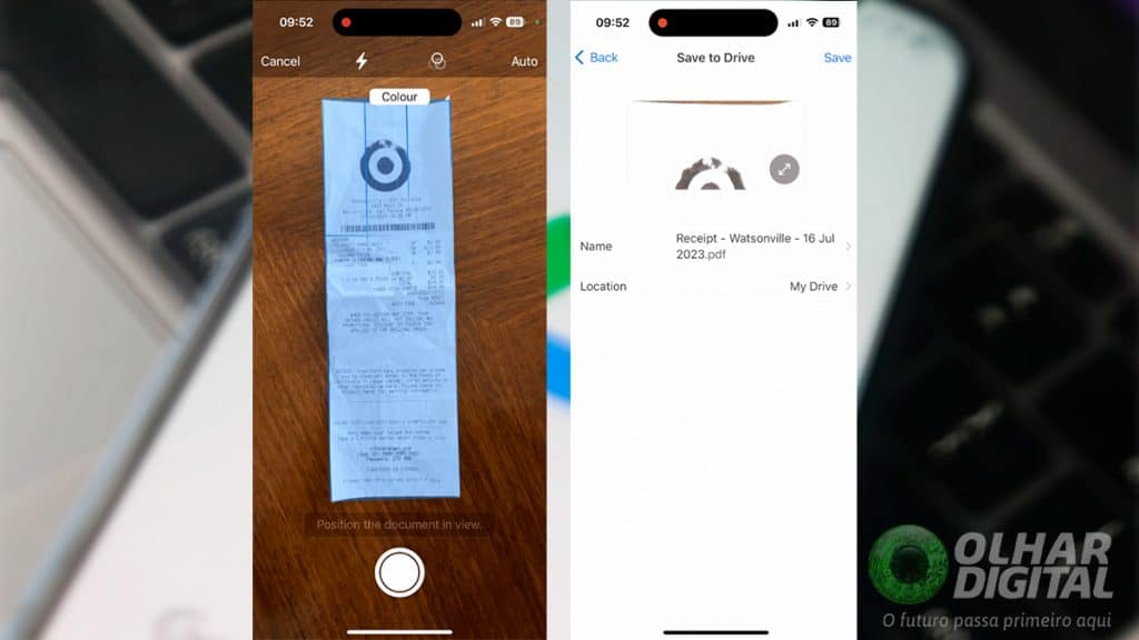 Montagem com capturas de tela do scanner do Google Drive no iPhone