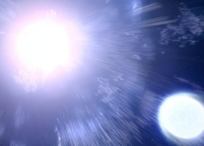 Ilustração de uma supernova explodindo em um sistema binário. Esse tipo de evento pode ser responsável por colocar estrelas em fuga (Crédito: NASA, ESA, Leah Hustak (STScI))