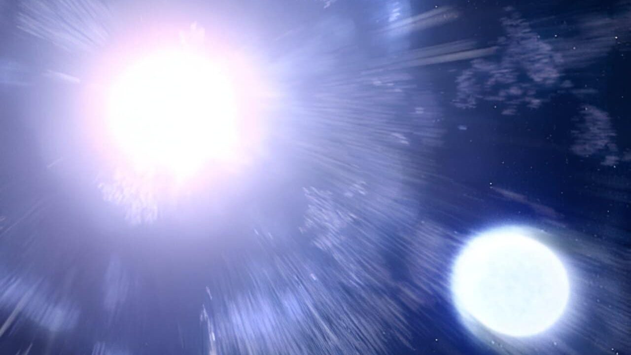 Ilustração de uma supernova explodindo em um sistema binário. Esse tipo de evento pode ser responsável por colocar estrelas em fuga (Crédito: NASA, ESA, Leah Hustak (STScI))