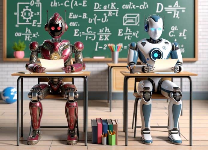 Dois robôs em uma sala de aula fazendo uma prova, para ilustrar o Ernie Bot e o ChatGPT respondendo às mesmas perguntas