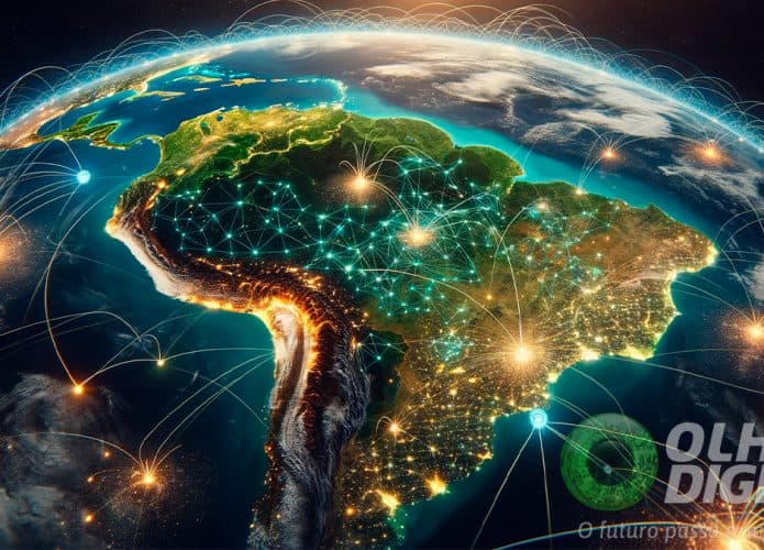 Ilustração do Brasil visto do espaço com linhas de internet sobre ele
