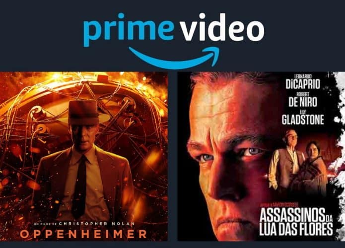 Montagem com pôsteres dos filmes Oppenheimer e Assassino da Lua das Flores, que estreia em dezembro no Amazon Prime Video