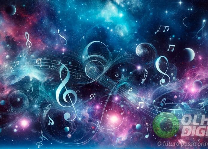 Ilustração de notas musicais entre estrelas no espaço