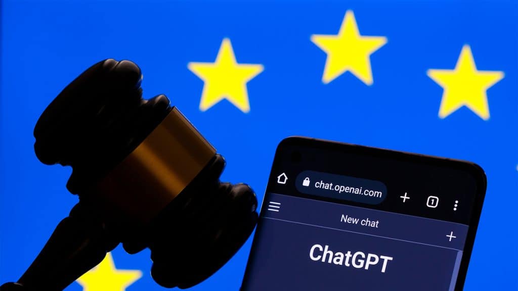 Martelo de tribunal ao lado de celular com ChatGPT aberto em navegador com bandeira da União Europeia ao fundo