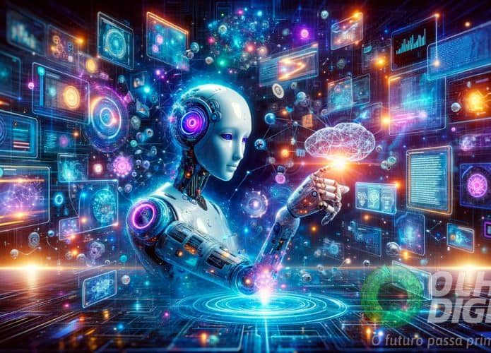 Ilustração de robô humanoide interagindo com diversas formas de conteúdo em holograma para representar conceito de inteligência artificial