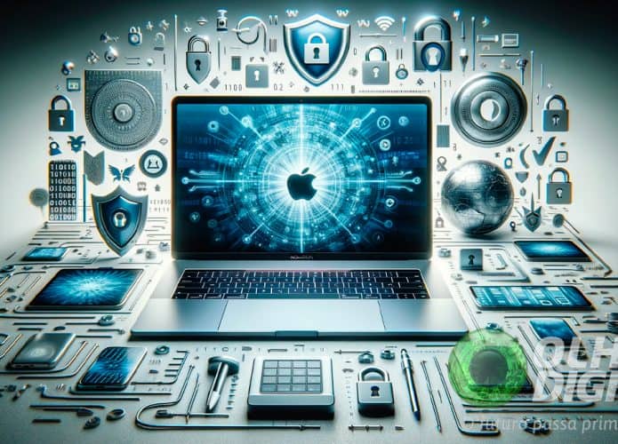 Ilustração de MacBook Air com elementos de cibersegurança em volta