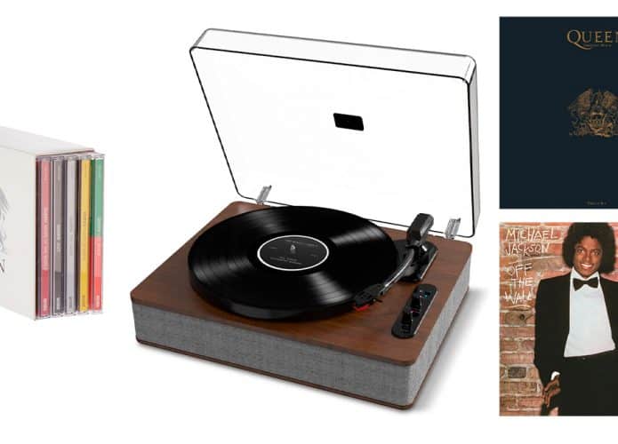 Montagem com Vitrola, CDs e discos em promoção na Amazon