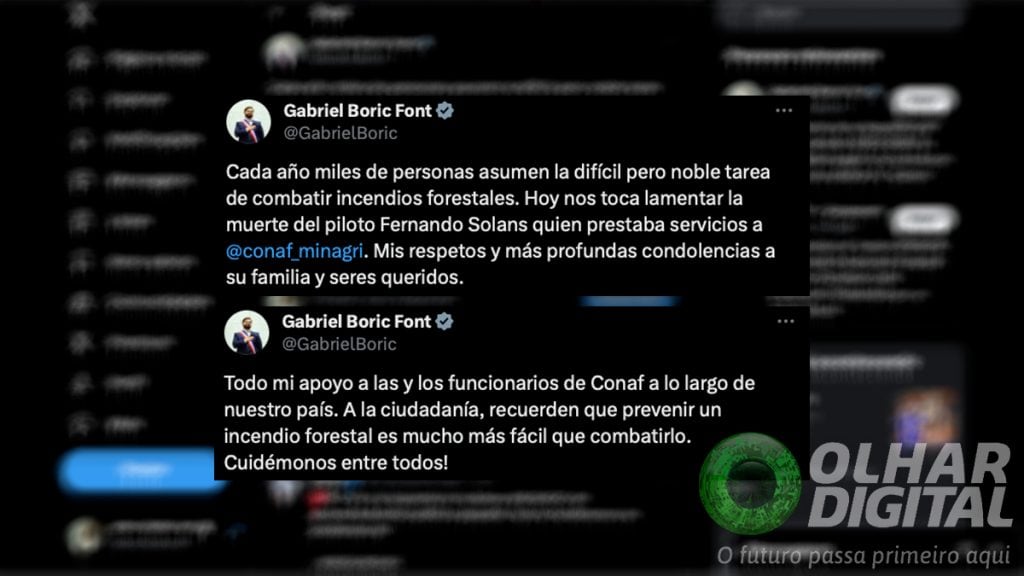 Montagem com capturas de tela de postagem do presidente do Chile no X, antigo Twitter, sobre queda de avião
