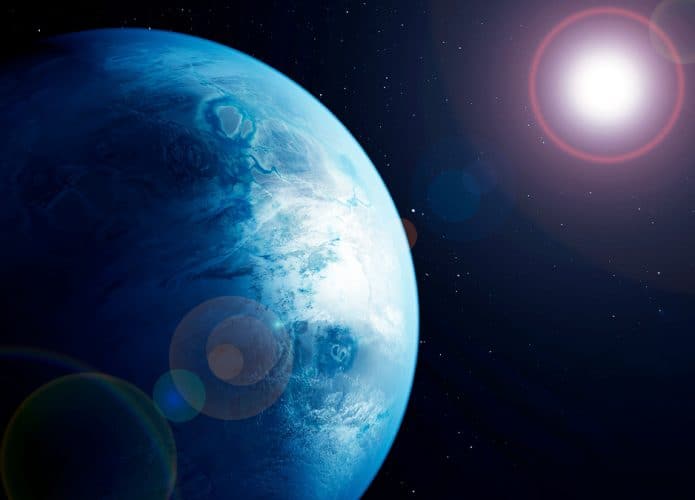 Ilustração digital de exoplaneta com estrela ao longe semelhante ao Sol