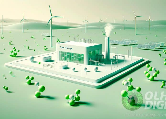Ilustração do conceito de hidrogênio verde, apresentando uma instalação de hidrogênio simplificada com uma representação minimalista de moléculas de hidrogênio e fontes de energia renováveis em uma paisagem limpa