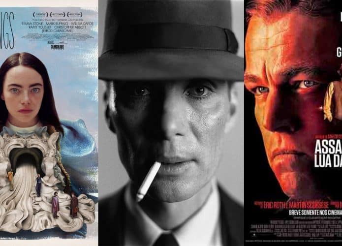Montagem com imagens dos filmes Pobres Criaturas, Oppenheimer e Assassinos da Lua das Flores, indicados ao Oscar 2024