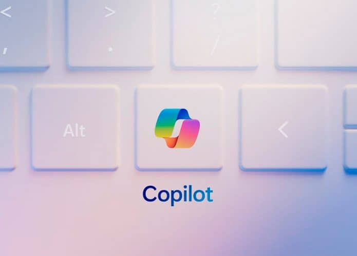Ilustração de tecla Copilot num computador com IA