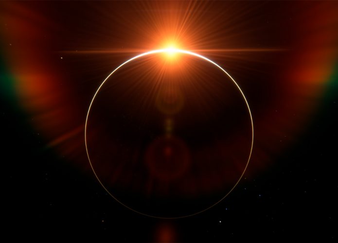 Ilustração 3D da Terra na frente do Sol