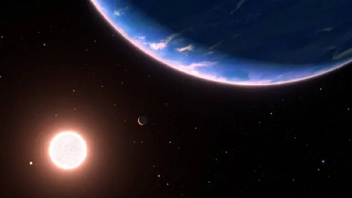 Ilustração de GJ 9827 d, exoplaneta minúsculo, quente e fumegante, em torno do qual o Hubble descobriu vapor d
