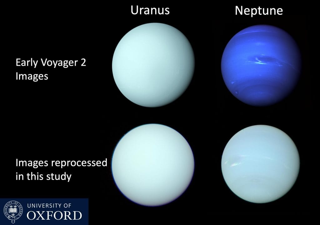 Imagens de Urano e Netuno nas fotos originais divulgadas pela Missão Voayger 2, e suas verdadeiras cores reprocessadas no novo estudo (Crédito: Patrick Irwin)