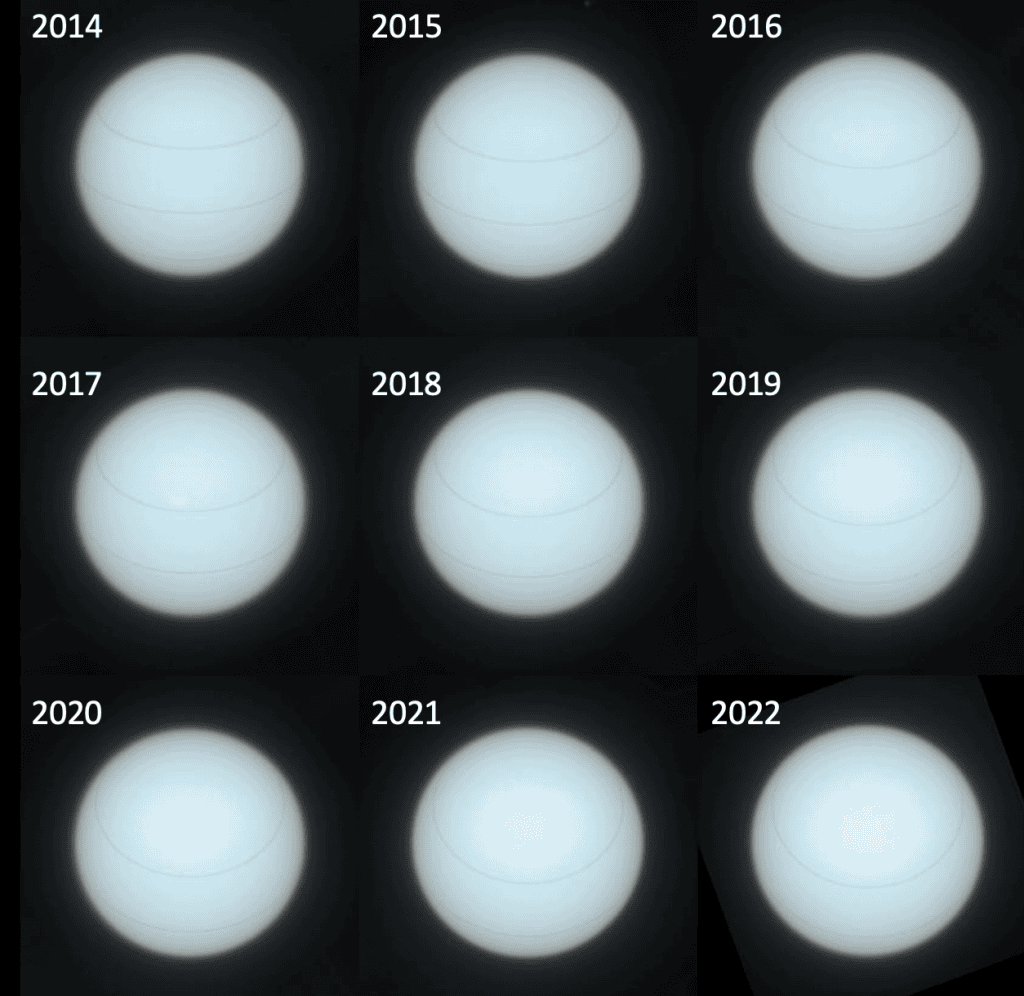 Mudança de cores de Urano ao longo de sua orbita de 84 anos (Crédito: Patrick Irwin)