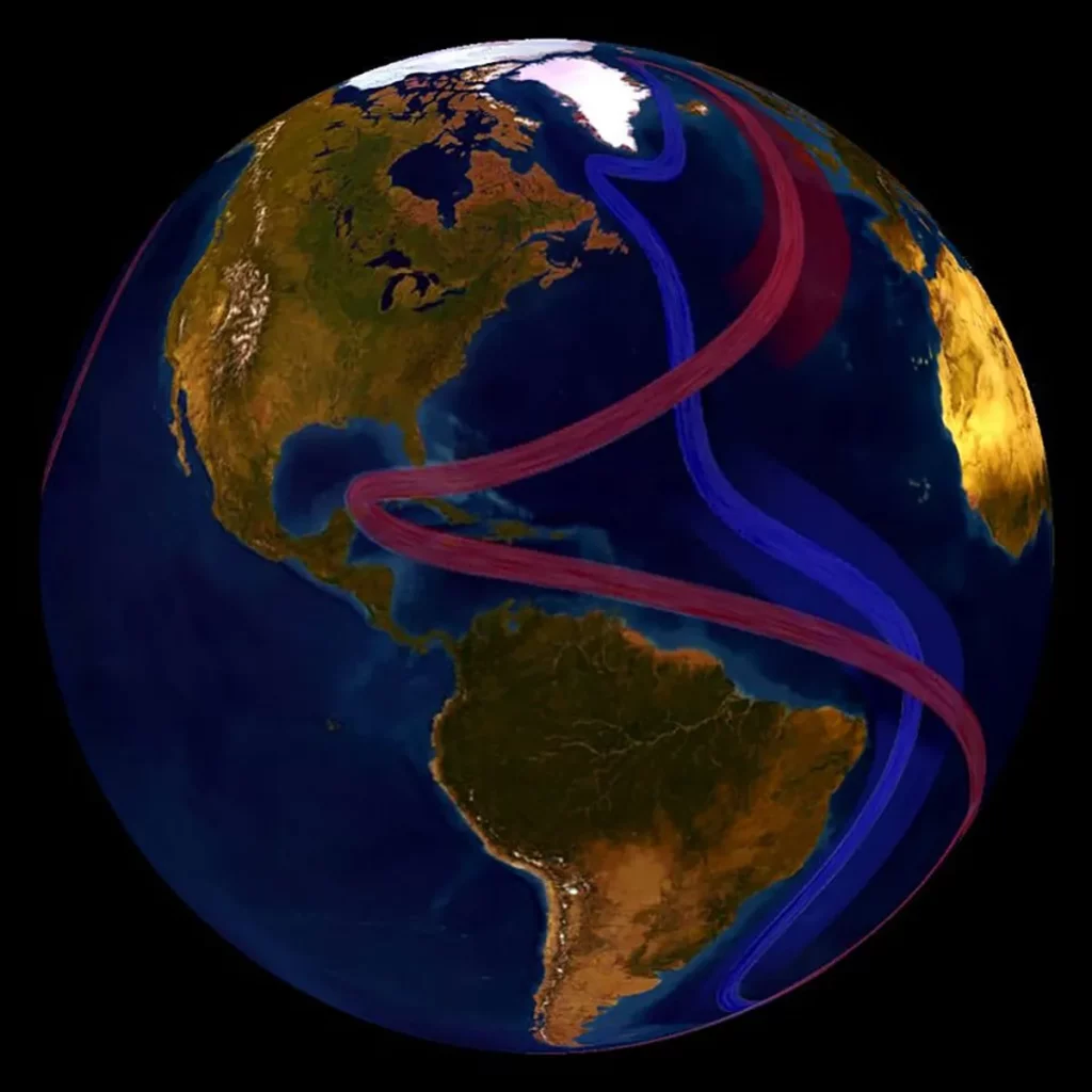 A Circulação Meridional do Atlântico (AMOC) e responsável por levar agua quente dos trópicos para áreas frias do Atlântico Norte (Crédito: NOAA)
