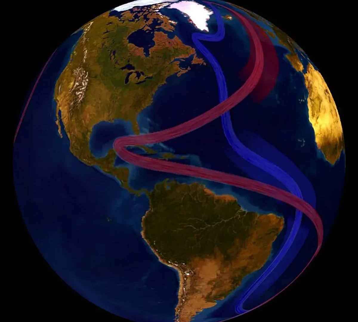 A Circulação Meridional do Atlântico (AMOC) e responsável por levar agua quente dos trópicos para áreas frias do Atlântico Norte (Crédito: NOAA)
