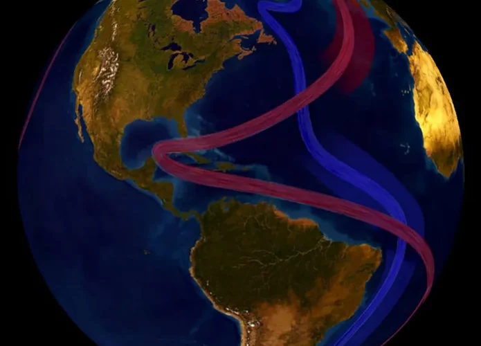 A Circulação Meridional do Atlântico (AMOC) e responsável por levar agua quente dos trópicos para áreas frias do Atlântico Norte (Crédito: NOAA)