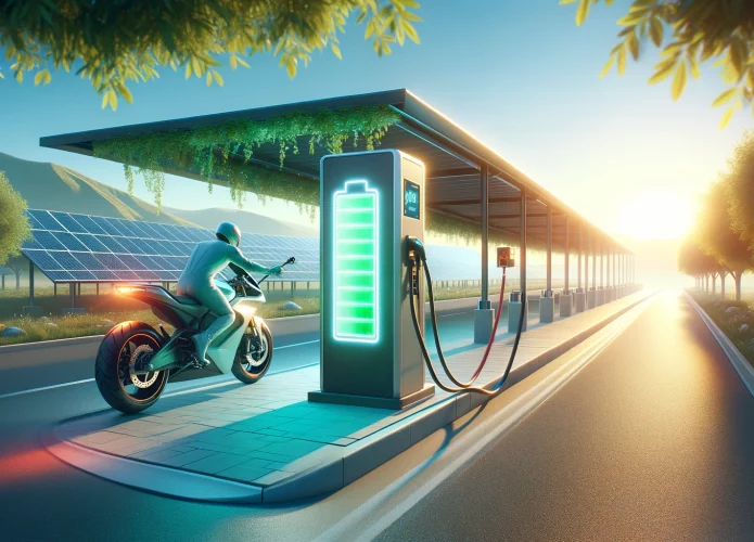 DALL·E-2024-02-20-16.07.27-Create-a-wide-image-depicting-an-electric-motorcycle-stopping-by-an-outdoor-recharging-center-during-daylight.-The-scene-should-visually-indicate-that-695x500.webp