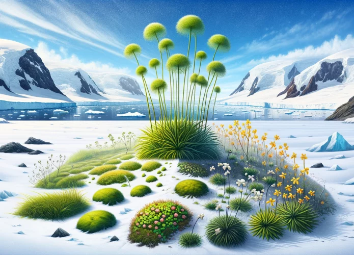 DALL·E-2024-02-27-16.03.03-Illustrate-a-wide-panoramic-scene-of-the-Antarctic-environment-where-the-two-unique-plant-species-Deschampsia-antarctica-and-Colobanthus-quitensis--695x500.webp