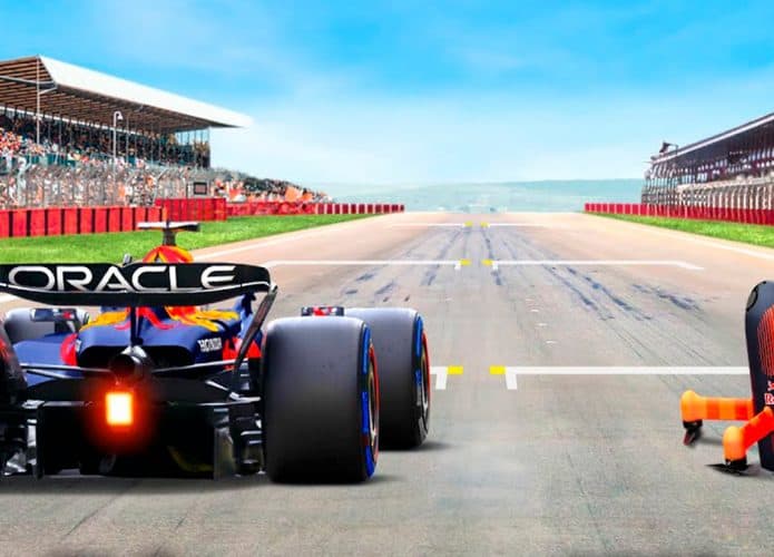 Carro de F1 e drone em pista de corrida