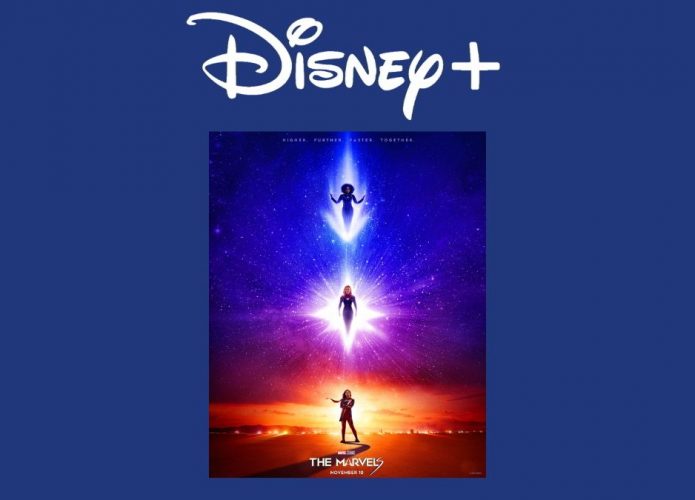 Montagem com pôster de As Marvels, que chega ao catálogo do Disney+