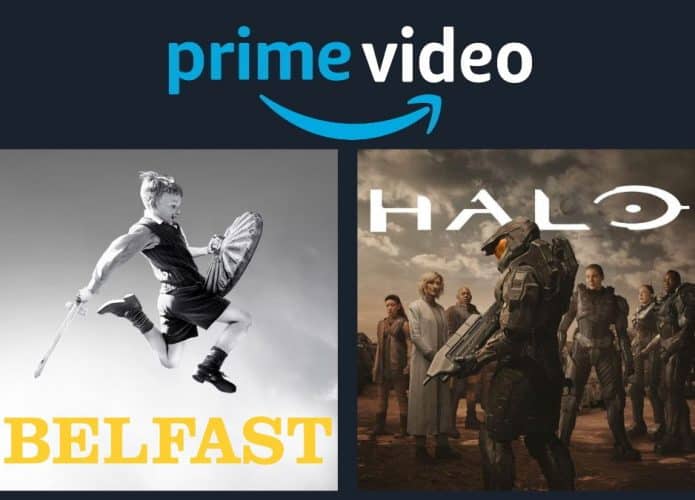 Montagem com pôsteres das produções Belfast e Halo, que estreiam no Amazon Prime Video entre 5 e 11 de fevereiro