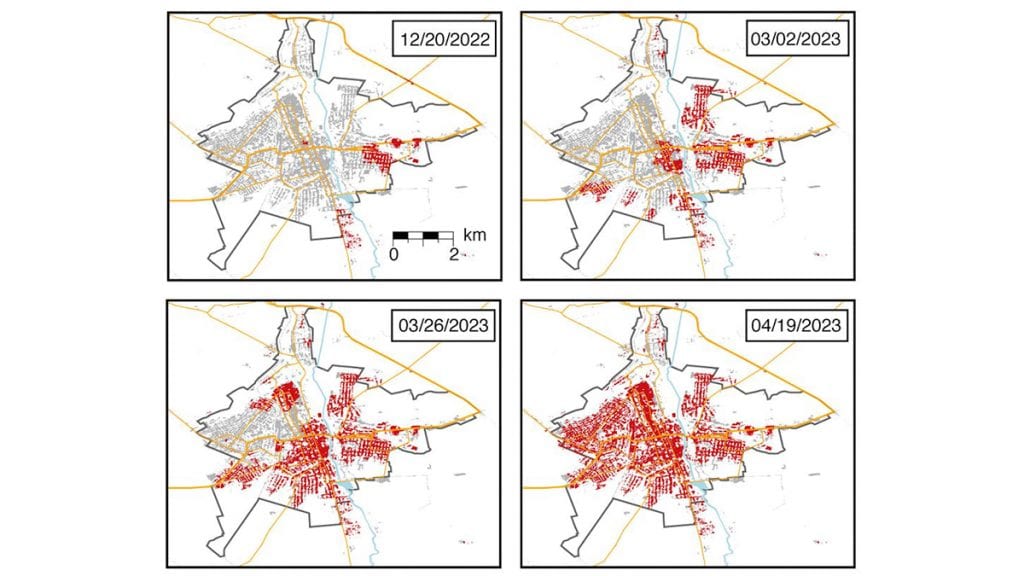 Montagem com mapas mostrando destruição Bahkmut na Ucrânia