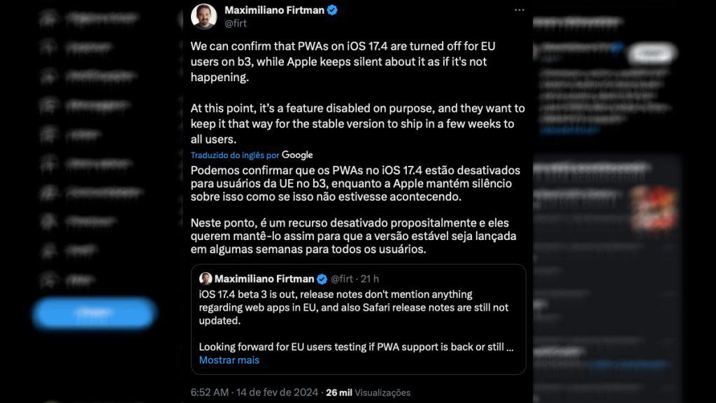 Captura de tela de tweet de desenvolvedor sobre desativação, por parte da Apple, de aplicativos web no iPhone na União Europeia