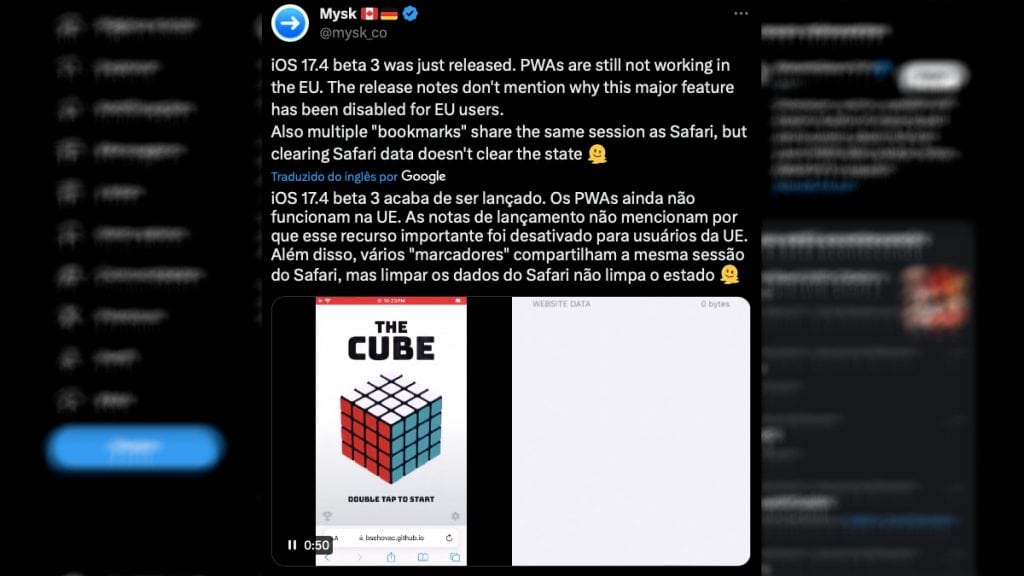 Captura de tela de tweet de desenvolvedor sobre desativação, por parte da Apple, de aplicativos web no iPhone na União Europeia