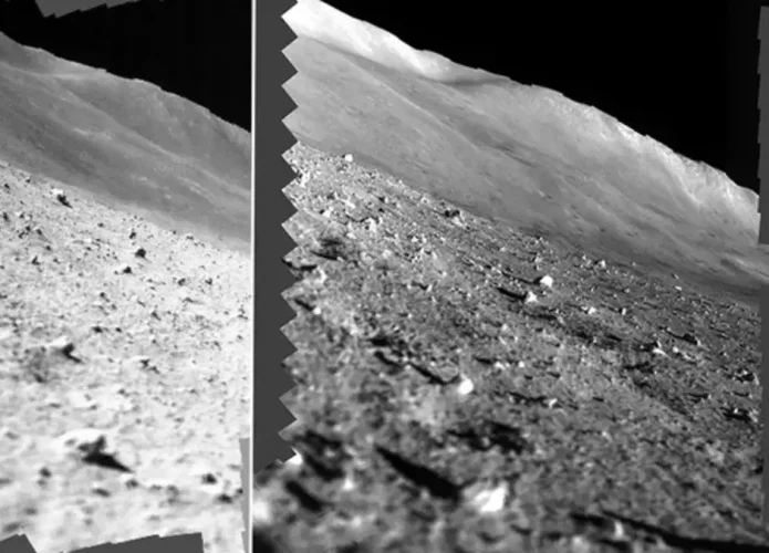 Mosaico de fotos tiradas pelo SLIM imediatamente após o seu pouso e 10 dias depois, quando suas operações foram iniciadas (Crédito: JAXA)