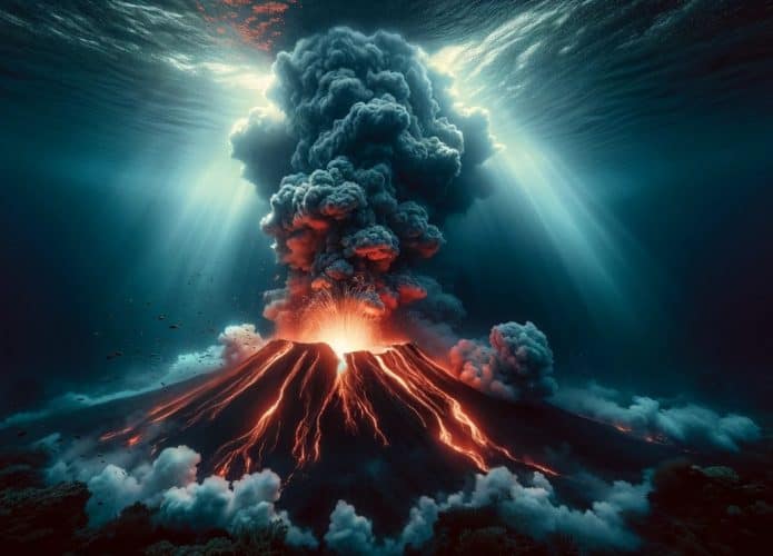 Representação de um vulcão submarino em erupção