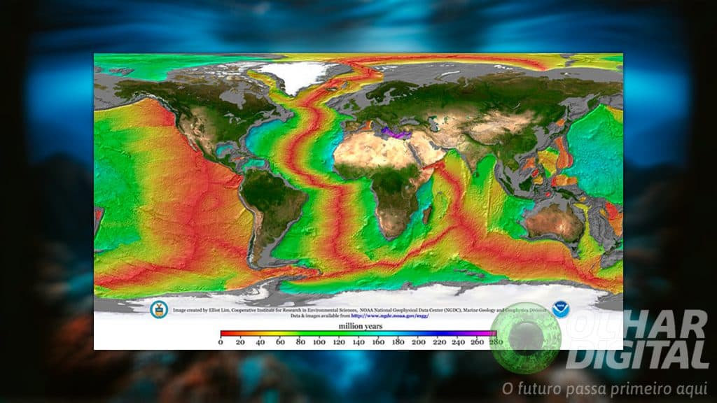 Mapa do mundo com sinalização da cordilheira meso-oceânica