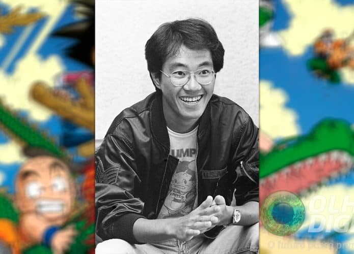 Montagem com foto de Akira Toriyama em cima de imagem pôster de Dragon Ball