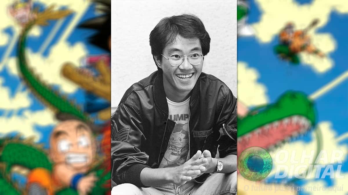 Montagem com foto de Akira Toriyama em cima de imagem pôster de Dragon Ball