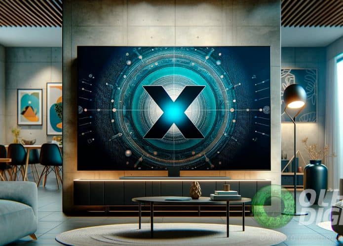 Ilustração de aplicativo do X (antigo Twitter) numa TV colocada numa sala