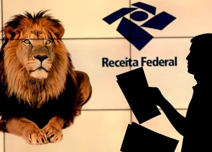 Silhueta de homem com logotipo da Receita Federal e imagem de um leão ao fundo