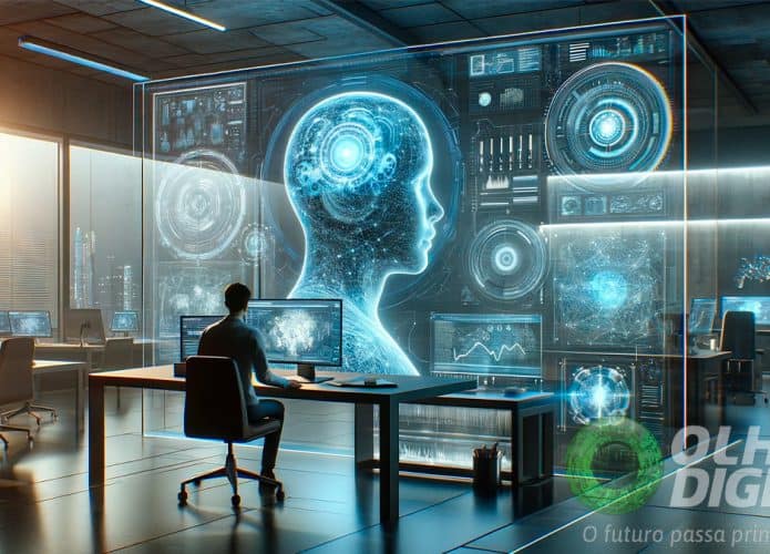 Ilustração de pessoa trabalhando em escritório futurístico usando inteligência artificial