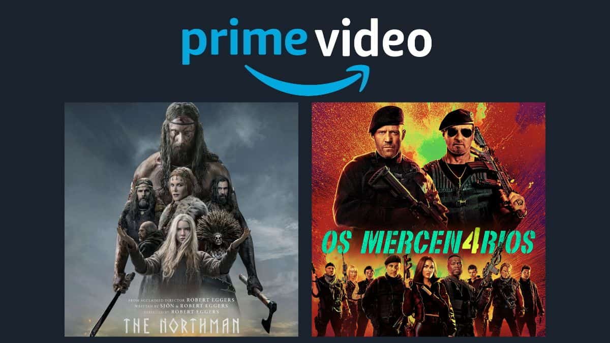 Montagem com pôsteres dos filmes "Homem do Norte" e "Mercenários 4", que estreiam no Prime Video nesta semana