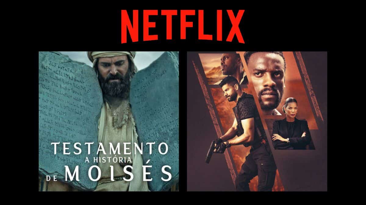 Montagem com pôsteres do documentário "Testamento: A História de Moisés" e do filme "Alma de Caçador", que estreiam na Netflix nesta semana