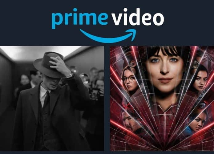 Montagem com pôsteres e cenas dos filmes Oppenheimer e Madame Teia, que estreiam no Prime Video