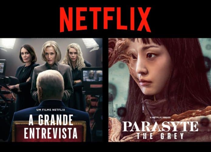 Montagem com pôsteres do filme A Grande Entrevista e da série Parasyte: The Grey, que estreiam na Netflix