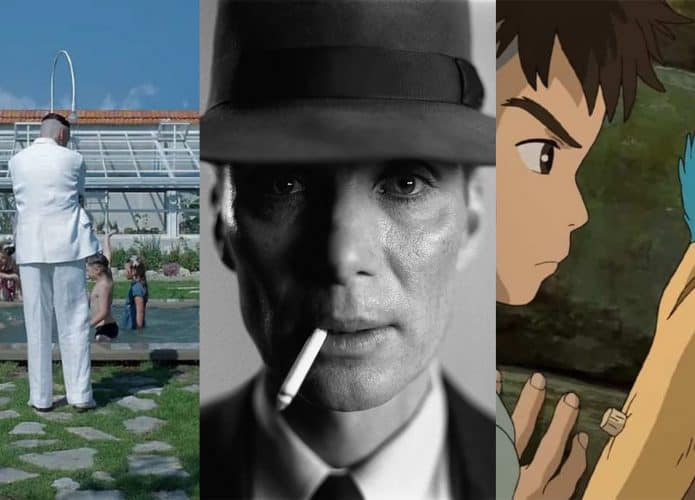Montagem com pôsteres dos filmes Zona de Interesse, Oppenheimer e O Menino e a Garça, vencedores do Oscar 2024